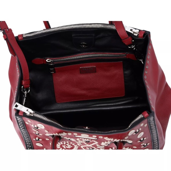 Prada Twin Pocket Medium Tote Embroidered Saffiano Red Multi - Picture 9 of 12